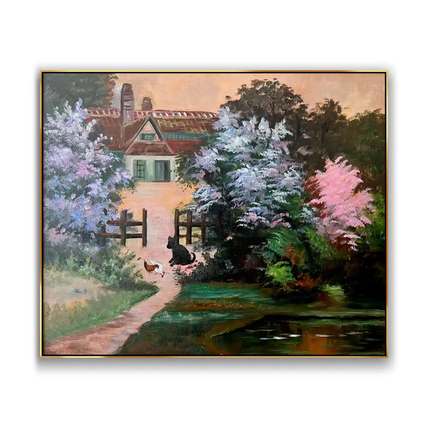 A large horizontal painting of a countryside house surrounded by green, dark brown, purple and pink trees, with a black dog and two chickens in front of the fence.  