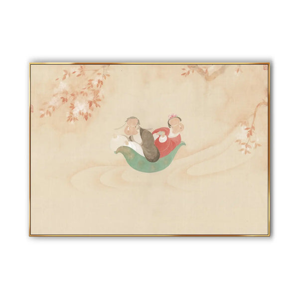  A large horizontal painting of a couple in a green boat floating in the spring river, with white blossoms hanging above. 
