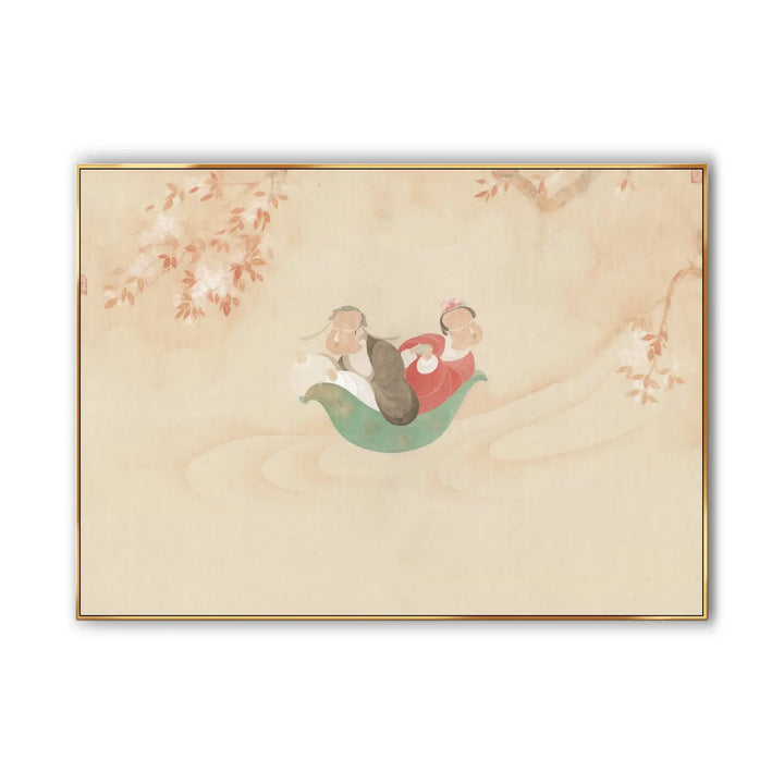  A large horizontal painting of a couple in a green boat floating in the spring river, with white blossoms hanging above. 
