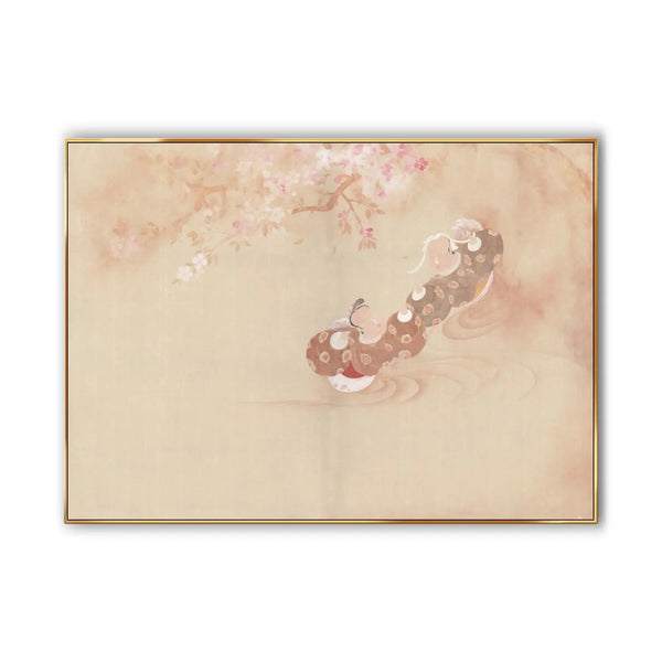  A large horizontal painting of a couple swimming in the spring river, with pink blossoms hanging above. 