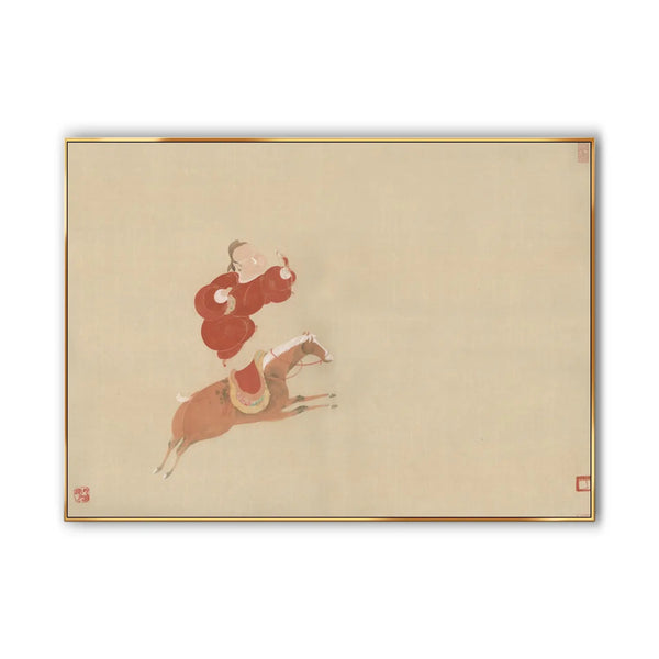 A large horizontal painting of a man dressed in red riding a fast brown horse 