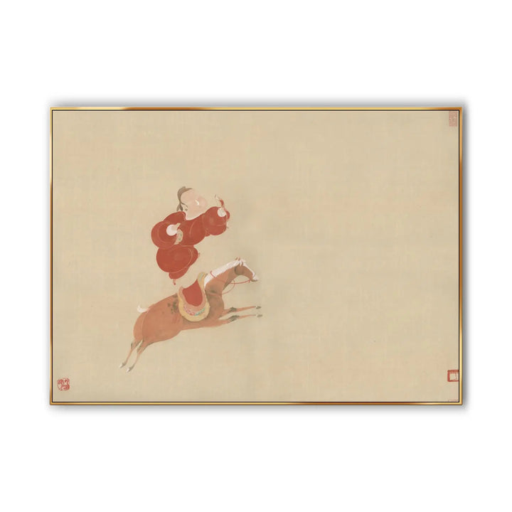 A large horizontal painting of a man dressed in red riding a fast brown horse 