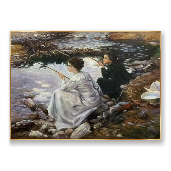 A large horizontal painting of a man in black and a woman in white fishing by a dark river 