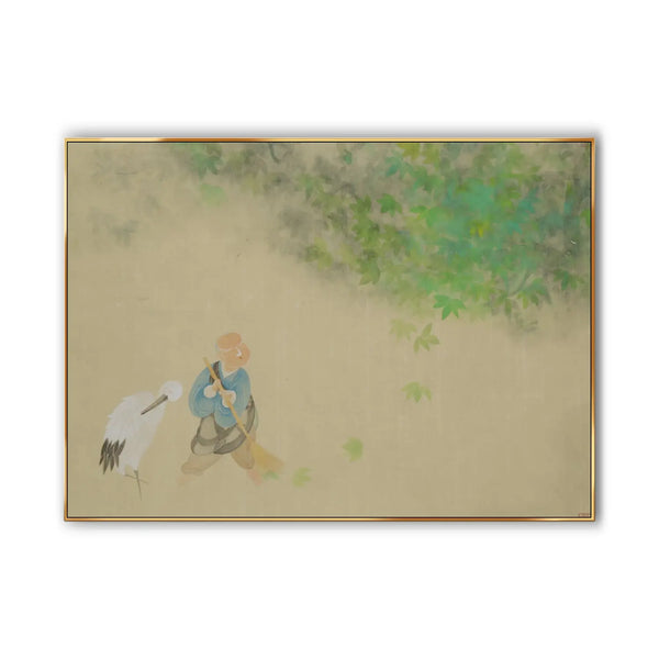 A large horizontal painting of a monk sweeping the fallen leaves on the ground, accompanied by a white crane. 