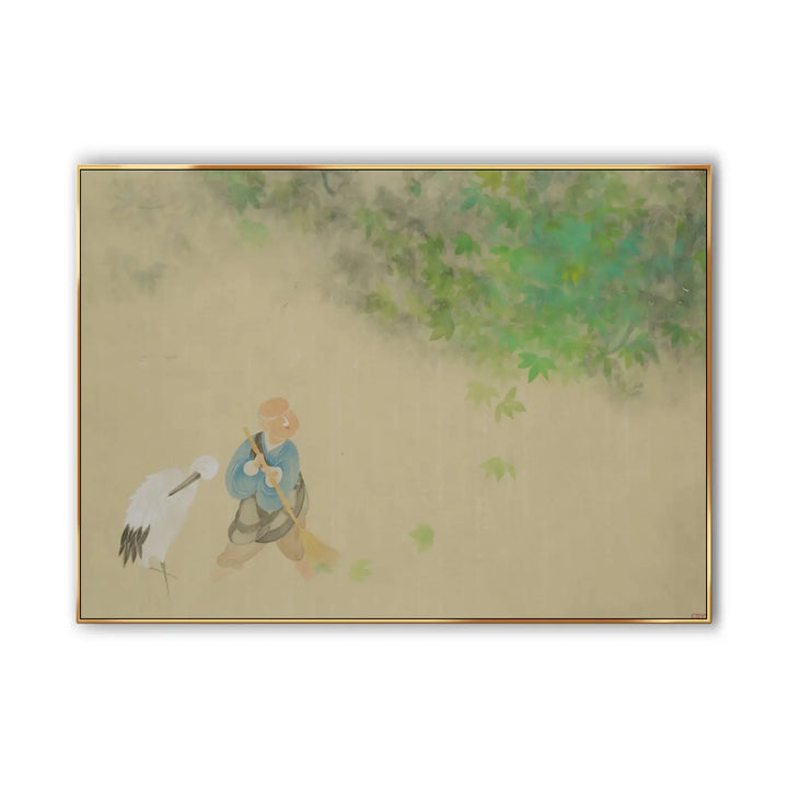 A large horizontal painting of a monk sweeping the fallen leaves on the ground, accompanied by a white crane. 