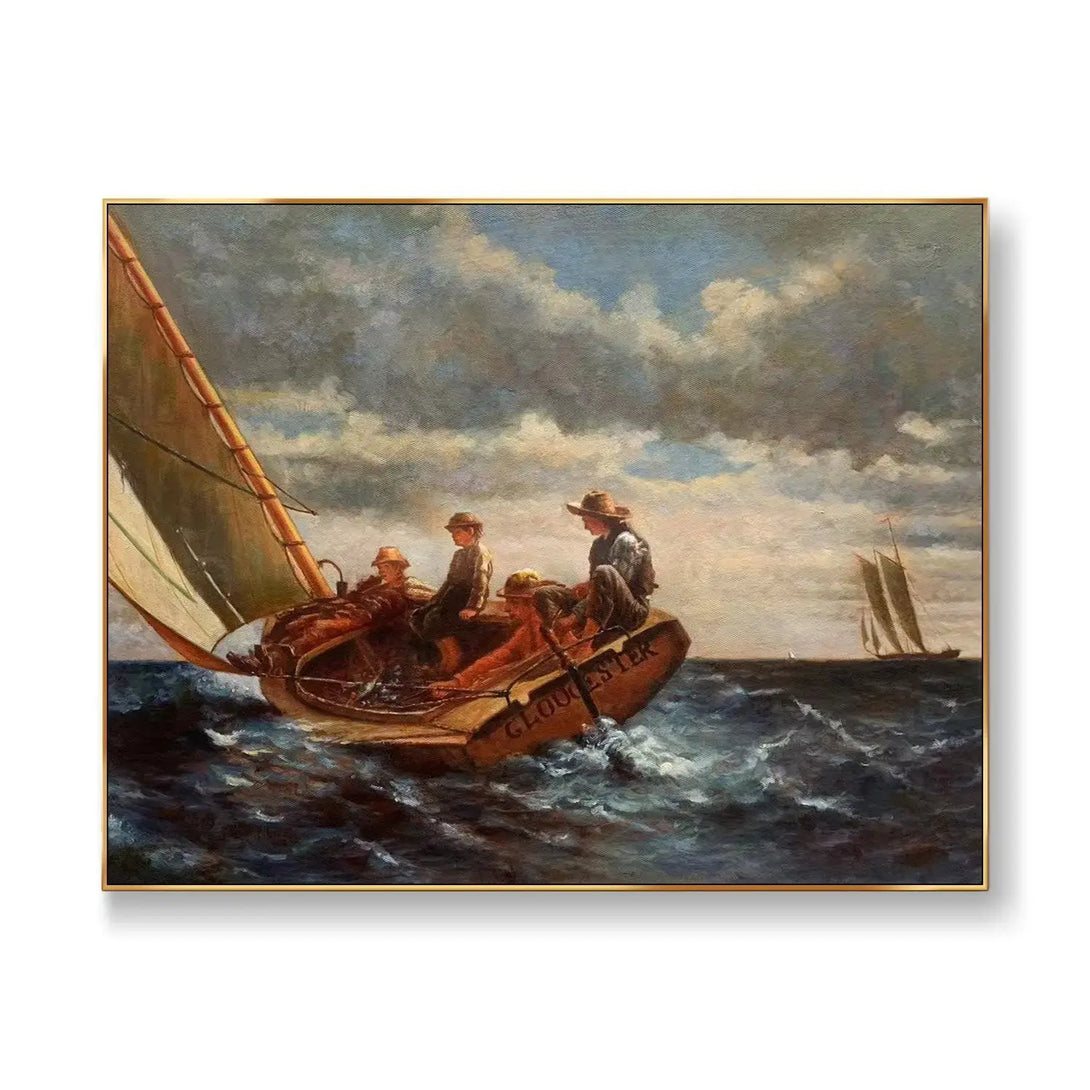 A large horizontal painting of an orange ship with white sails and 4 people, navigating turbulent waters as white clouds slowly yield to darkening skies.
