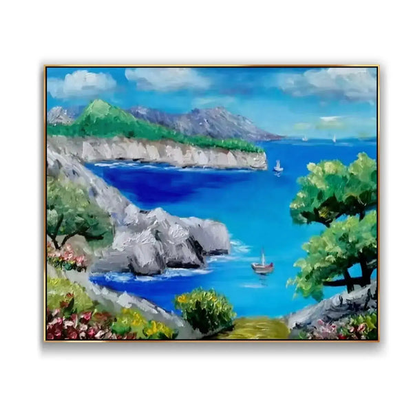 A large horizontal painting of blue sea under the light blue sky with white clouds, bordered by hills with green trees and colorful flowers growing. 
