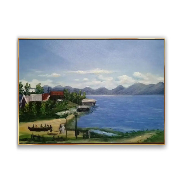 A large horizontal painting of blue water lined by houses and greenery on one side, and rolling mountain ranges on the other, under the blue sky with white clouds. 