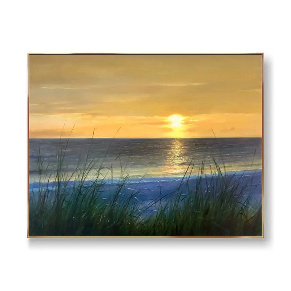 A large horizontal painting of calming vast sea under the setting sun 
