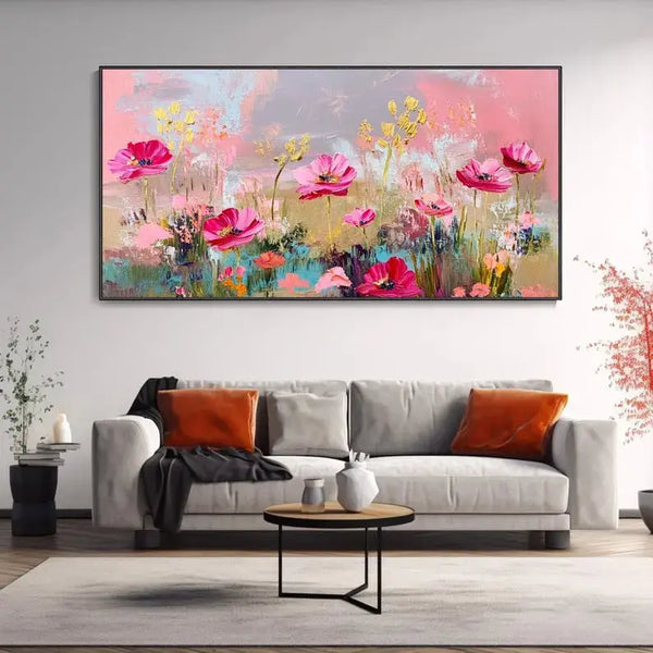 A large horizontal painting of pink poppy flowers and gold leaves in the blue pond with yellow grass. 