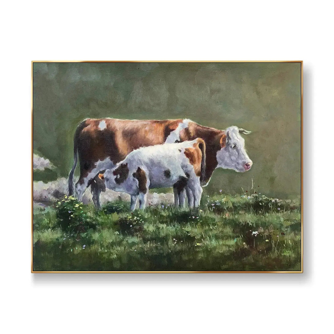 A large horizontal painting of the mother cow and the baby on a green grassland