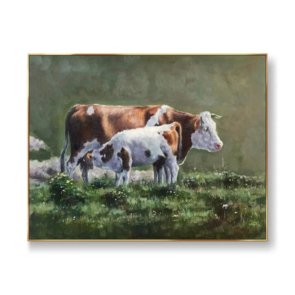 A large horizontal painting of the mother cow and the baby on a green grassland
