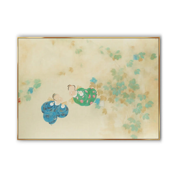 A large horizontal painting of two man bees, one in blue, one in green, exploring among the green leaves.