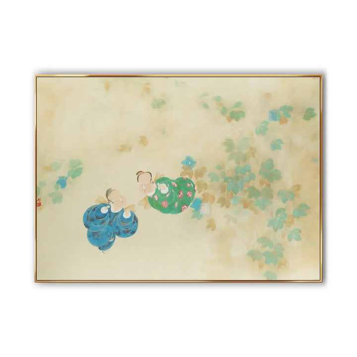 A large horizontal painting of two man bees, one in blue, one in green, exploring among the green leaves.