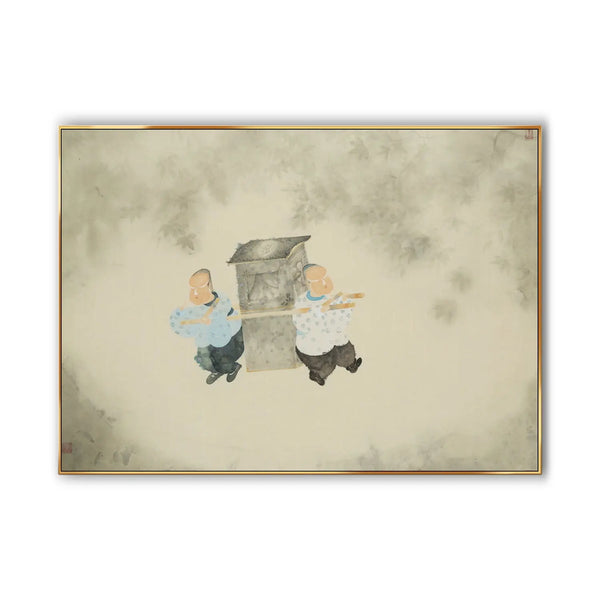 A large horizontal painting of two palanquin bearers bearing the palanquin but walking in opposite directions 
