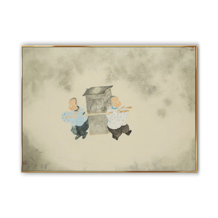 A large horizontal painting of two palanquin bearers bearing the palanquin but walking in opposite directions 