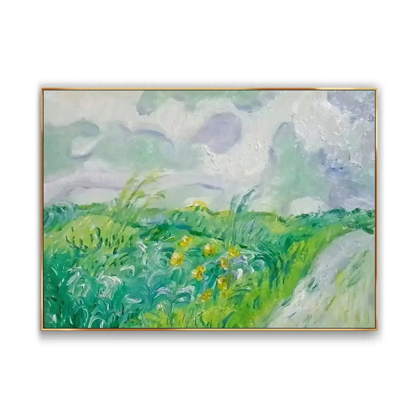 A large horizontal plaster wall art featuring a lush field of green foliage and yellow flowers, set beneath a soft grey sky.

