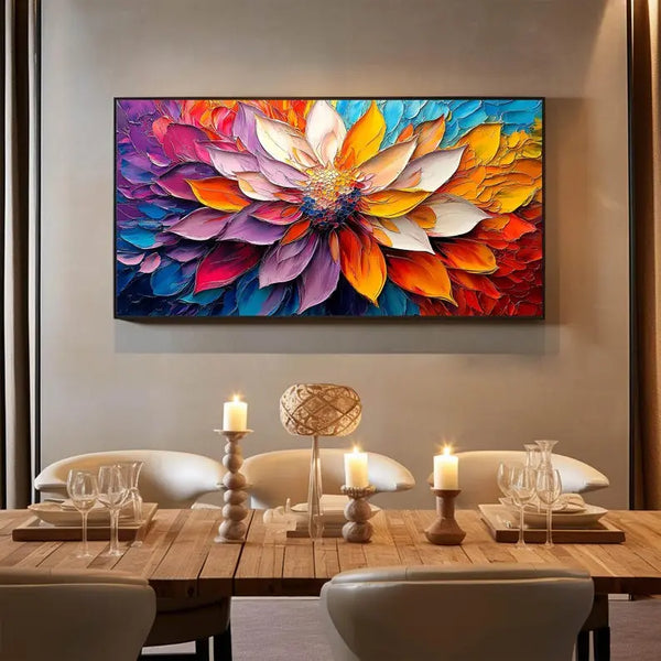  A large horizontal plaster wall art featuring large flower petals in yellow, purple and white