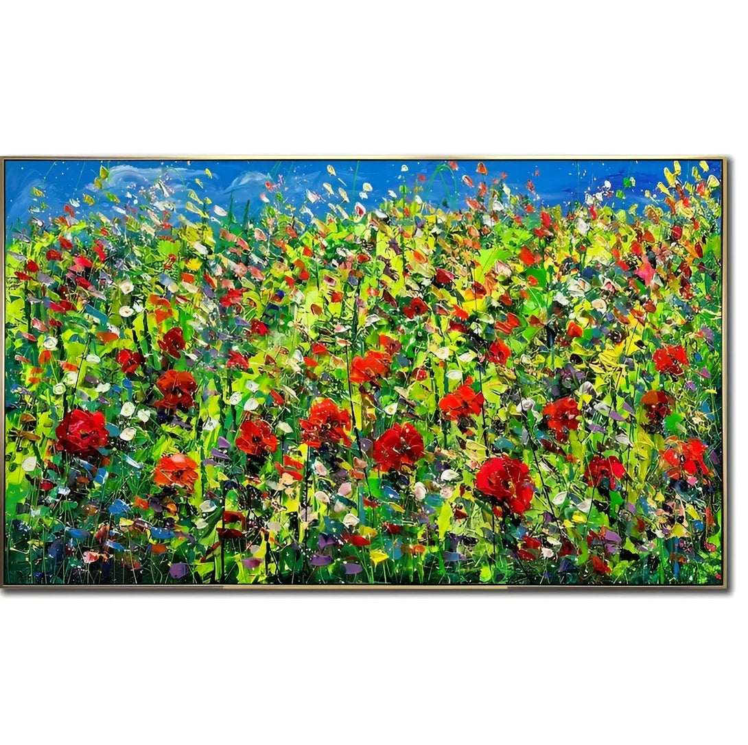 A large horizontal textured painting of an impressionist poppy field full of red poppy flowers with green stems, almost touching the blue sky. 
