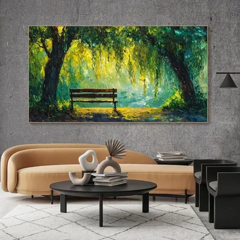 A large horizontal textured painting of two willow trees by a lake with a bench in between, under the shimming sunlight. 