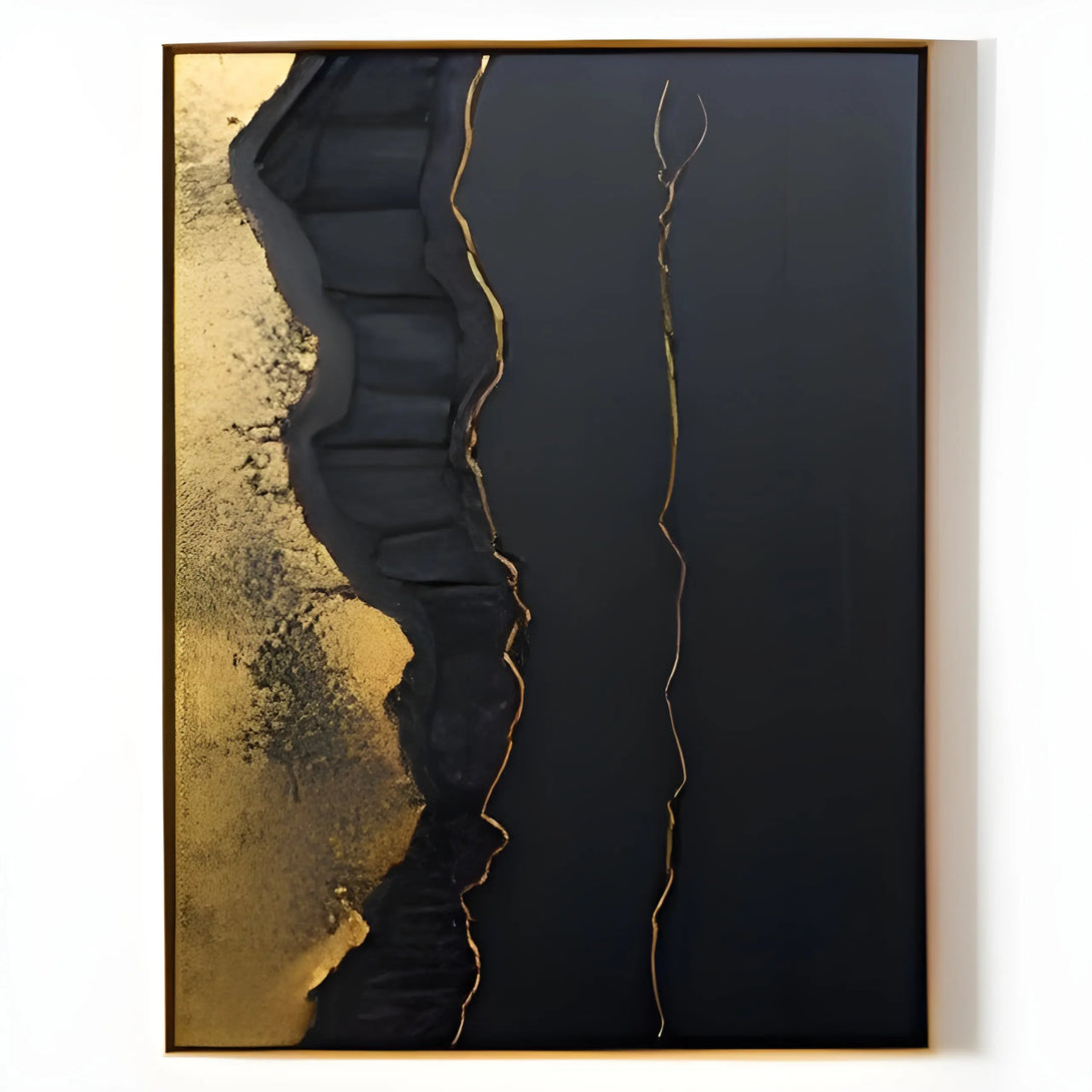 A large minimalist painting mixing gold and black, where 20% of the canvas on the left is dominated by gold, and 80% on the right is black, adorned by two gold lines. 
