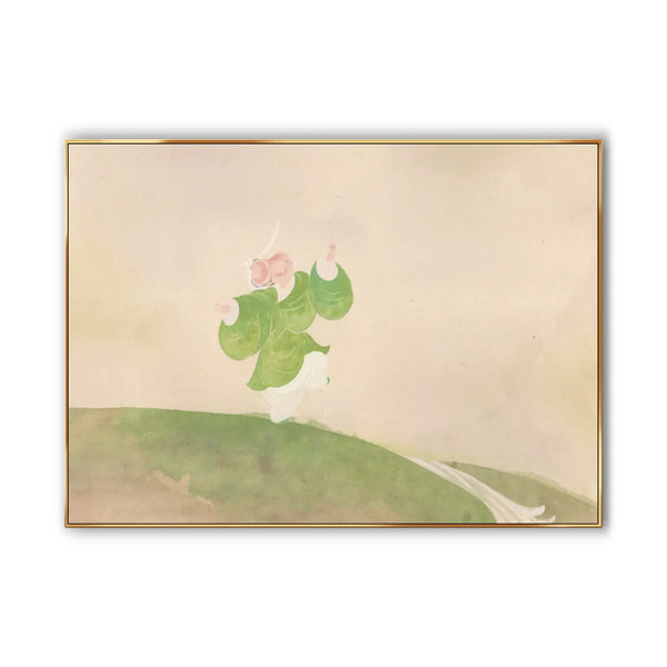 A large painting depicting a man dressed in green walking across a meadow, his face lifted toward the sky, radiating pure joy.