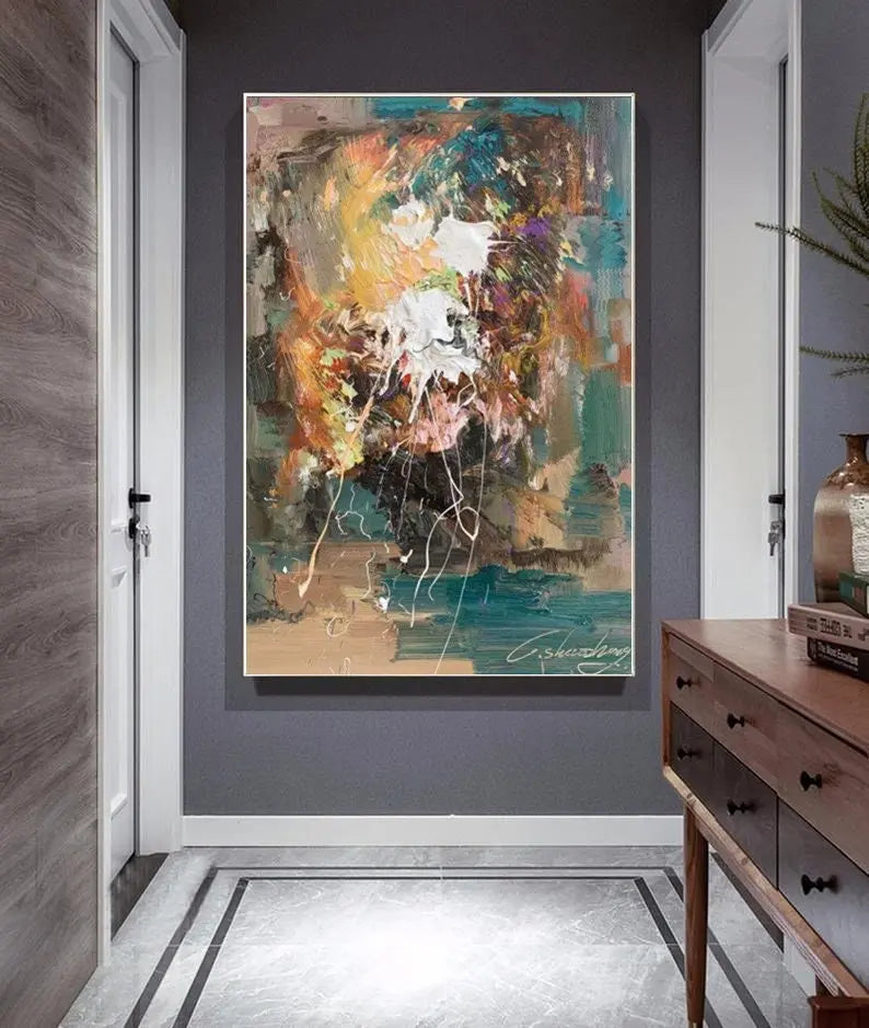 A large plastered wall painting with a mix of green, brown, and white plasters. 
Color:brown; green 