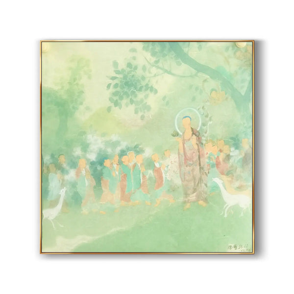A large square Chinese painting featuring the Buddha holding a flower and giving teachings to his followers, amid the lush greenery.