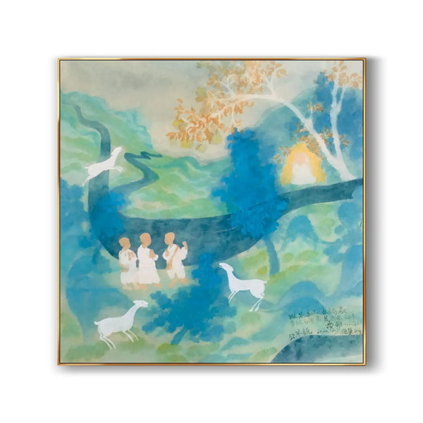  A large square Chinese painting of 3 little monks in white robes, standing near the blue river, accompanied by 2 white sheep, against blue trees, green fields and mountains.  
