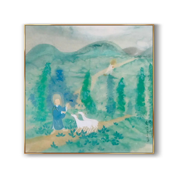 A large square Chinese painting of a blud-clad buddhist interacting with 2 white sheep in the yellow dirt path, lined by green trees and mountains.