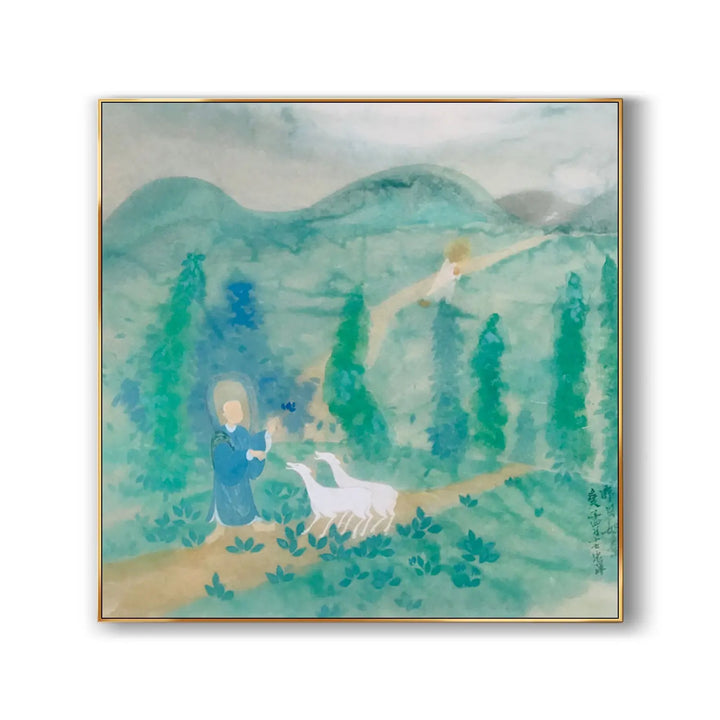 A large square Chinese painting of a blud-clad buddhist interacting with 2 white sheep in the yellow dirt path, lined by green trees and mountains.