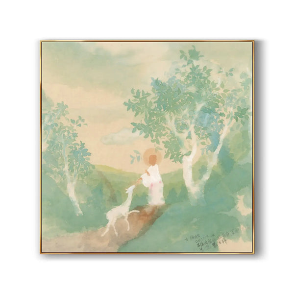 A large square Chinese painting of a buddhist in white robes on the yellow dirt path, reaching a white sheep in front of the green trees, against the beige sky. 