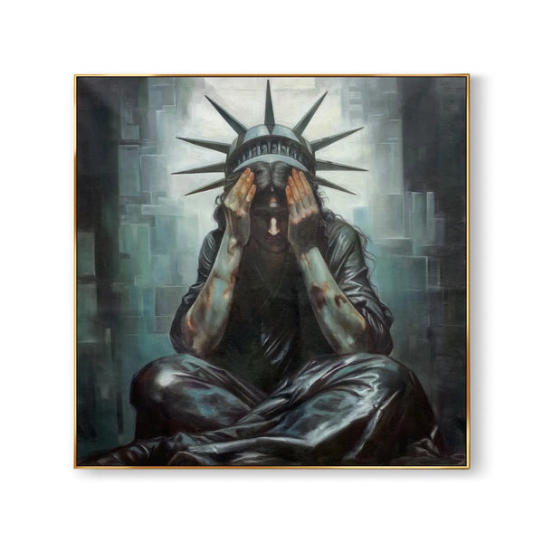 A large square hyperrealism art of the Statue of Liberty sitting cross-legged, with her elbows landing on the knee, and her hands touching her forehead.
