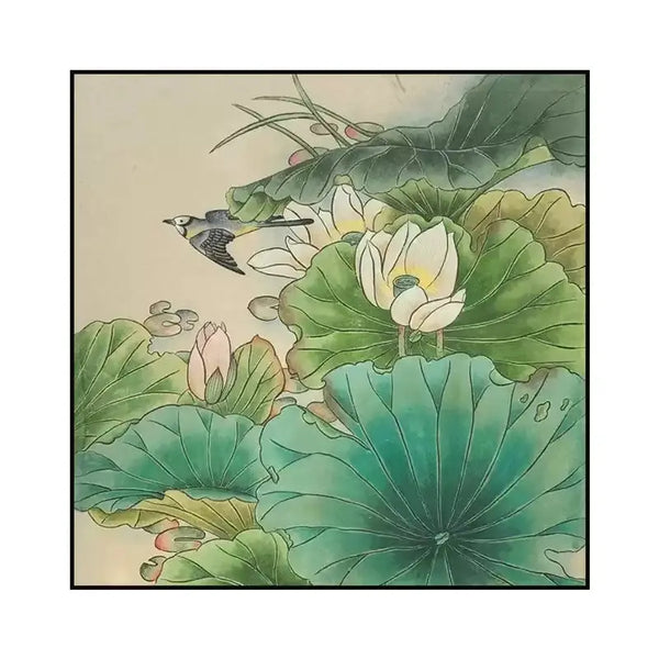 A large square hyperrealism painting of the lotus flowers, leaves in a pond with a bird flying by.
