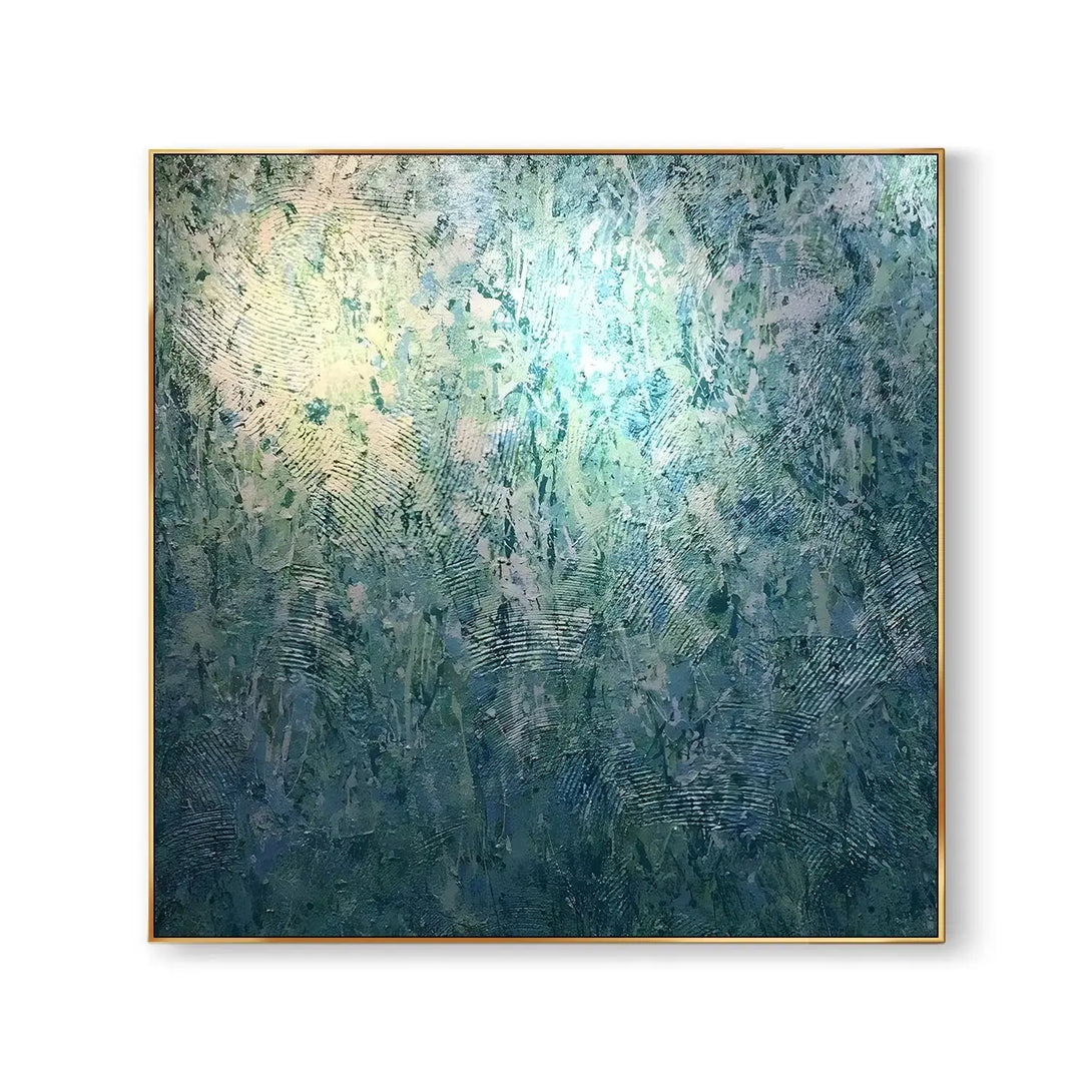 A large square painting featuring blue and green, with subtle textures 
