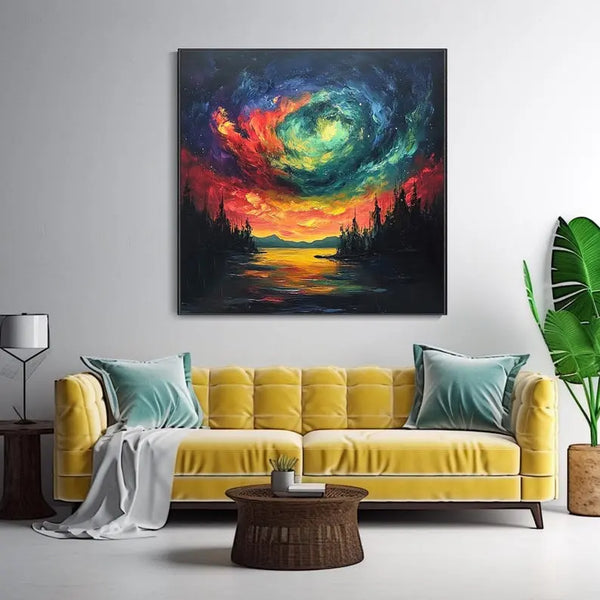 A large square painting featuring the Northern lights landscape with blue and orange starry nights casting shadows on the night river’s surface, lined by tall trees. 