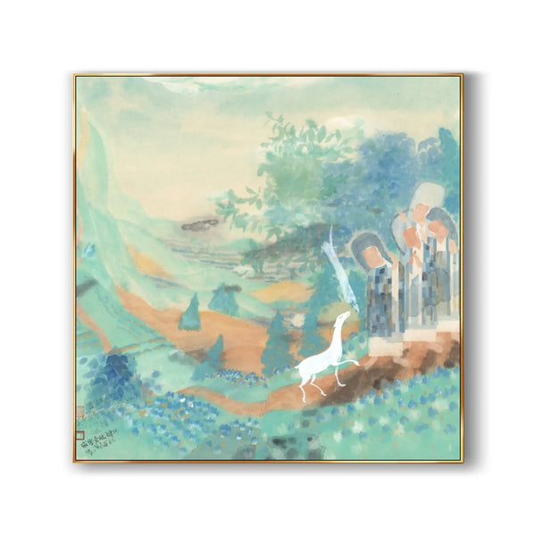 A large square painting of 4 Buddhists in blue robes amid lush greenery with green trees and large fields, accompanied by a white animal 
