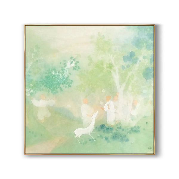 A large square painting of 5 white-clad monks playing in the green forest with a white sheep