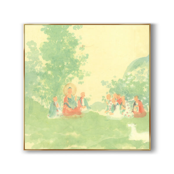 A large square painting of the Budda giving teachings to his followers, sitting on the grass, accompanied by green trees, amid the yellow sky.