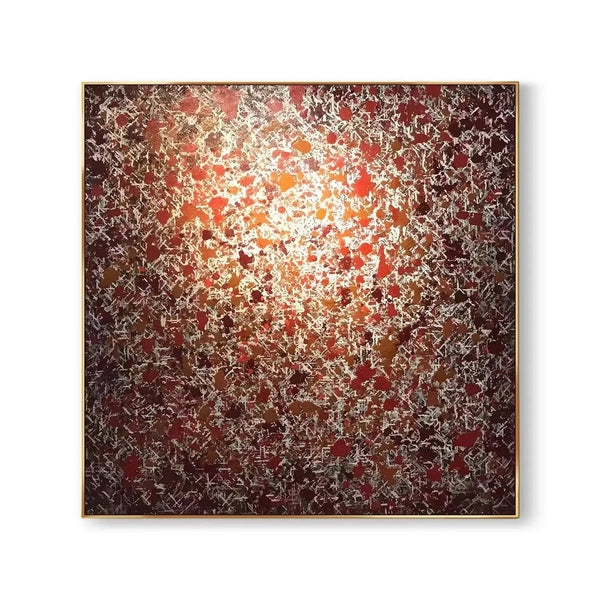 A large square painting with red, orange and white textures 
