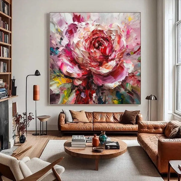 A large square plaster wall art of a pink and white 3D rose 