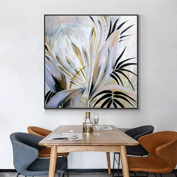 A large square textured painting of nordic flowers in light blue with black leaves