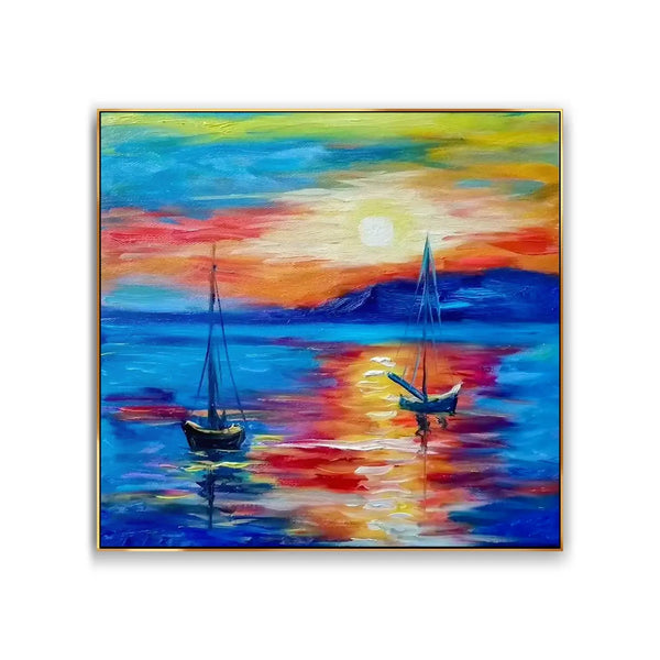 A large square textured painting of the sunset-lit sky and ocean in blue and orange. Two small boats drift on the sun-kissed sea water.