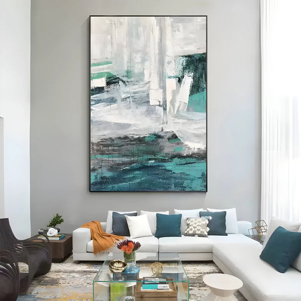 A large textured colorful painting mixing blue and white
