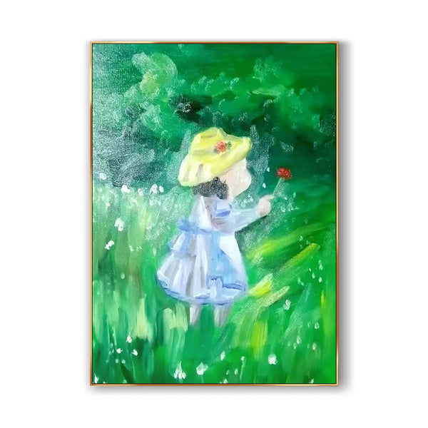 A large textured painting depicting a little girl wearing a bright yellow hat and a light blue dress, holding a red flower as she strolls through a lush green forest dotted with delicate white blooms.