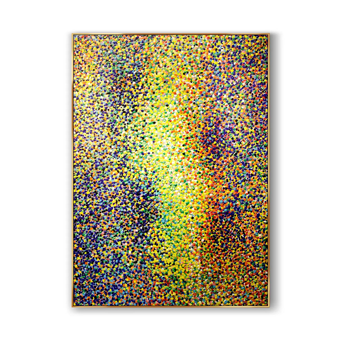  A large textured painting full of textured dots in yellow, orange, blue and green. 