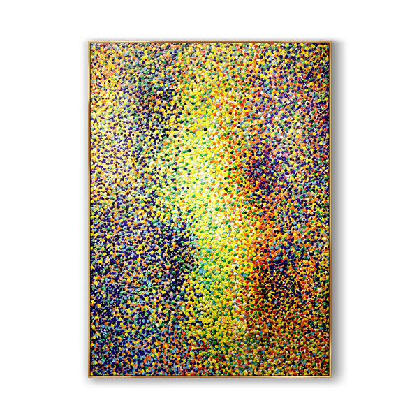  A large textured painting full of textured dots in yellow, orange, blue and green. 