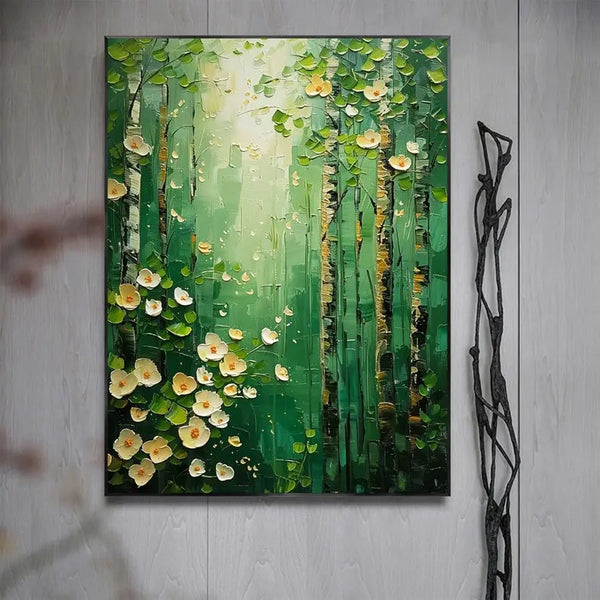  A large textured painting of a foggy green forest with tall trees and beige flowers 
