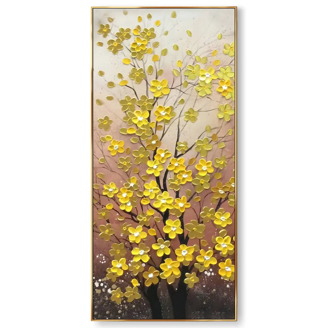 A large textured plaster wall art of a tree with a black tree trunk and yellow blooms, against a light brown background. 
