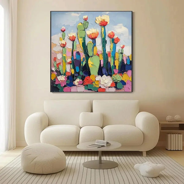 A large textured square painting of cactus flowers in red and white, and green cactuses in the desert